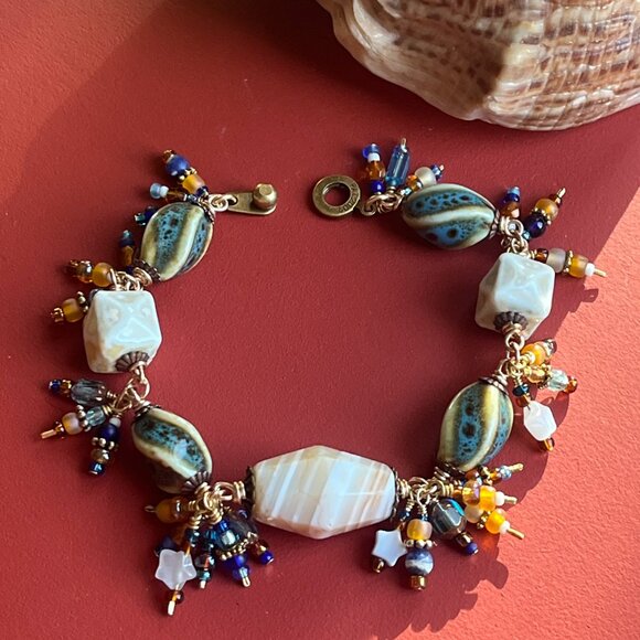 Boho Dangle Bracelet, Banded Agate Gemstone, Ceramic Beads, Wire Wrapped Dangles - Picture 9 of 15